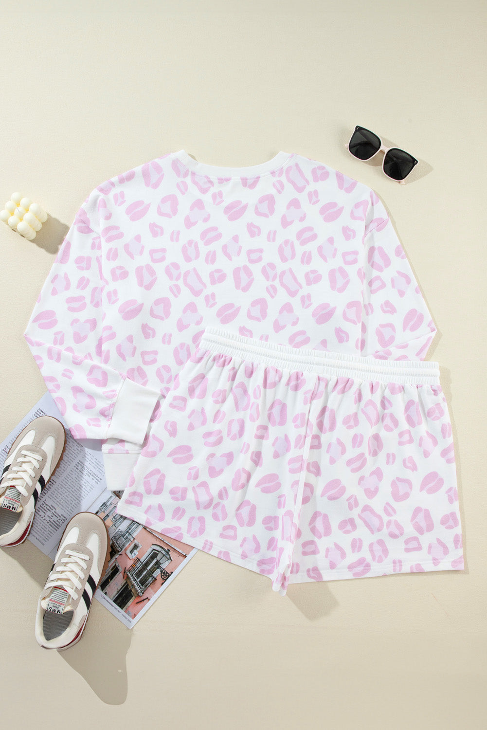 Pink Leopard Print Long Sleeve Top Plus Size Shorts Set