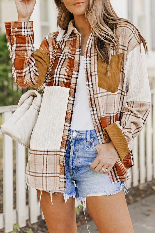Color Block Plaid Corduroy Shacket with Pocket