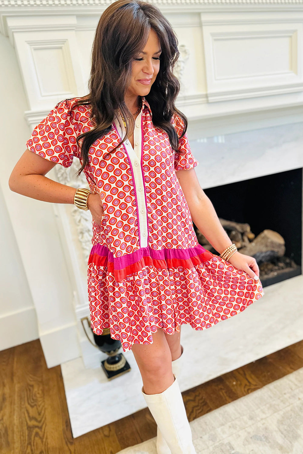 Orange Geometric Print Button Front Ruffle Hem Mini Dress