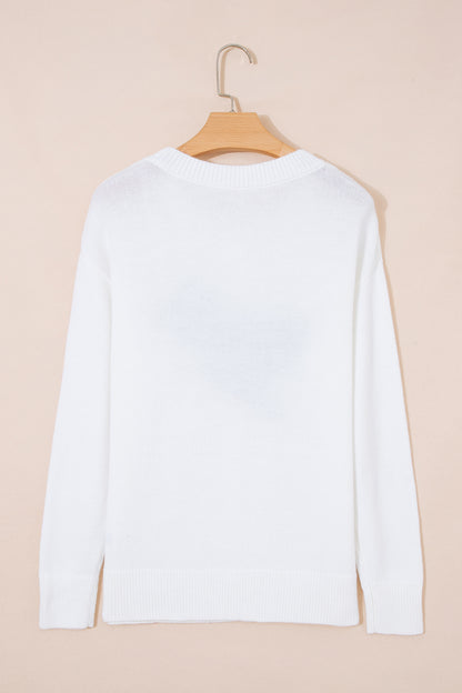 White Bird Pattern Drop Shoulder Knit Pullover Sweater