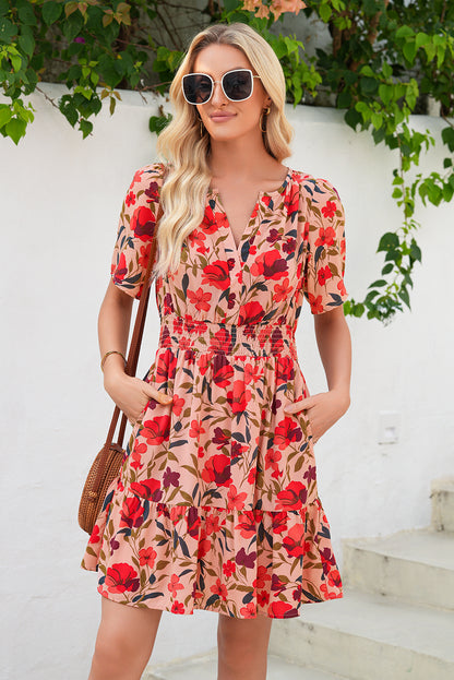 Boho Floral V Neck Smocked Waist Mini Dress