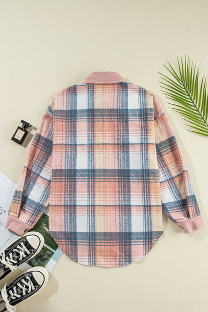 Light Pink Plaid Corduroy Patchwork Pocket Shacket
