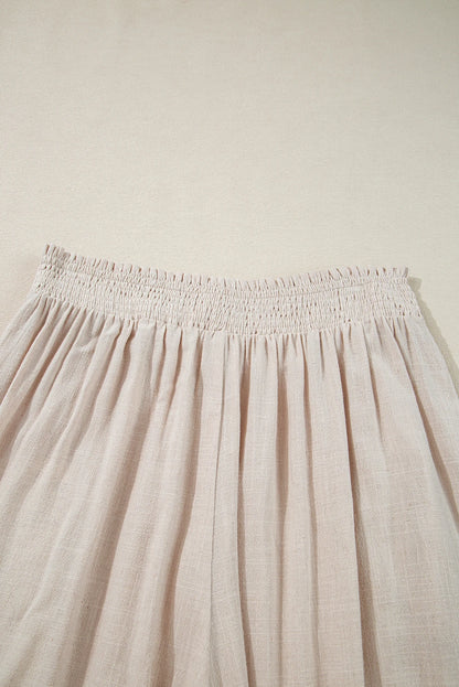 Beige Smocked Waist Wide Leg Flow Pants Plus Size