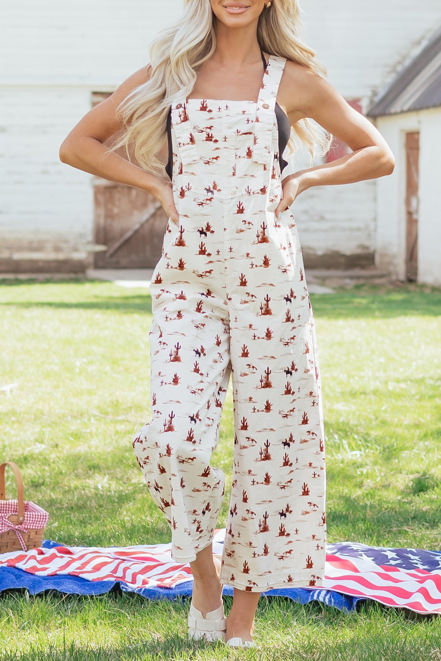 Beige Western Print Adjustable Strap Loose Cotton Jumpsuit