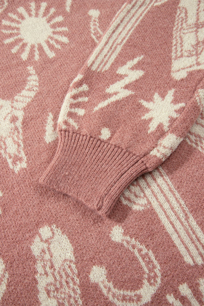 Western Celestial Print Oversized Crew Neck Sweater