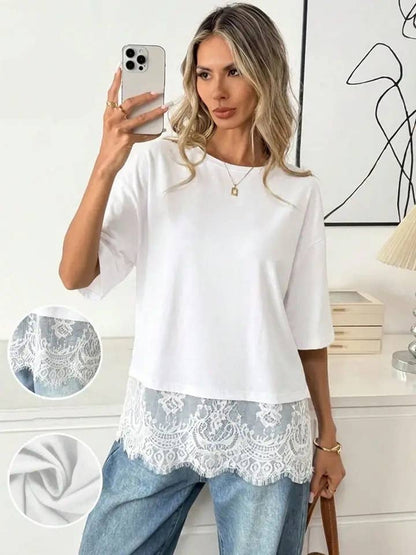 Women's Lace Hem Patchwork Short Sleeve Tee
