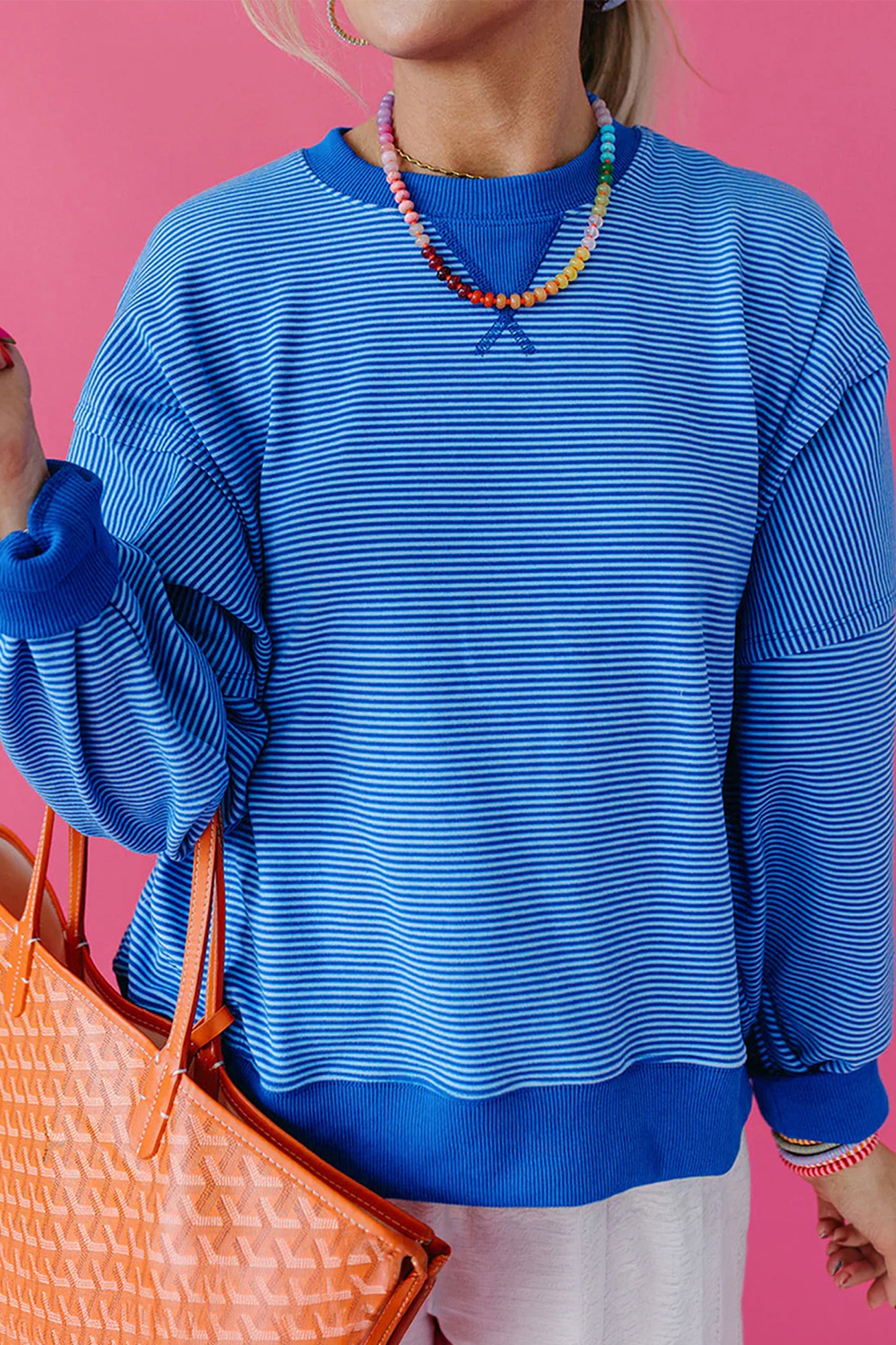 Women's Blue Striped Oversized Crewneck Sweatshirt