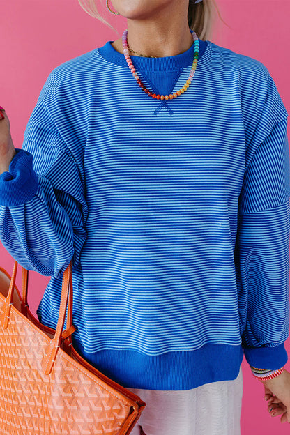 Women's Blue Striped Oversized Crewneck Sweatshirt