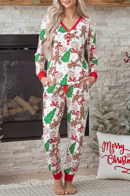 Christmas Tree Print Button Lounge Set for Women 2pcs