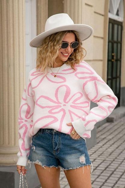 Bold Floral Crewneck Knit Sweater – Fall Street Style