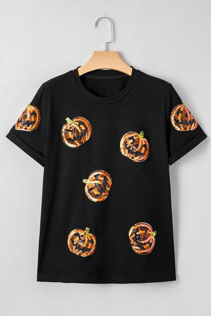 Women's Black Sequin Pumpkin Halloween T-Shirt