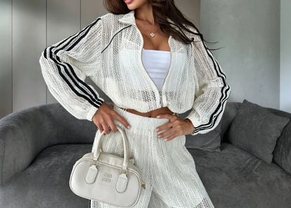 Women's Sheer Mesh Track Jacket Wide Leg Pants 2 Piece Set