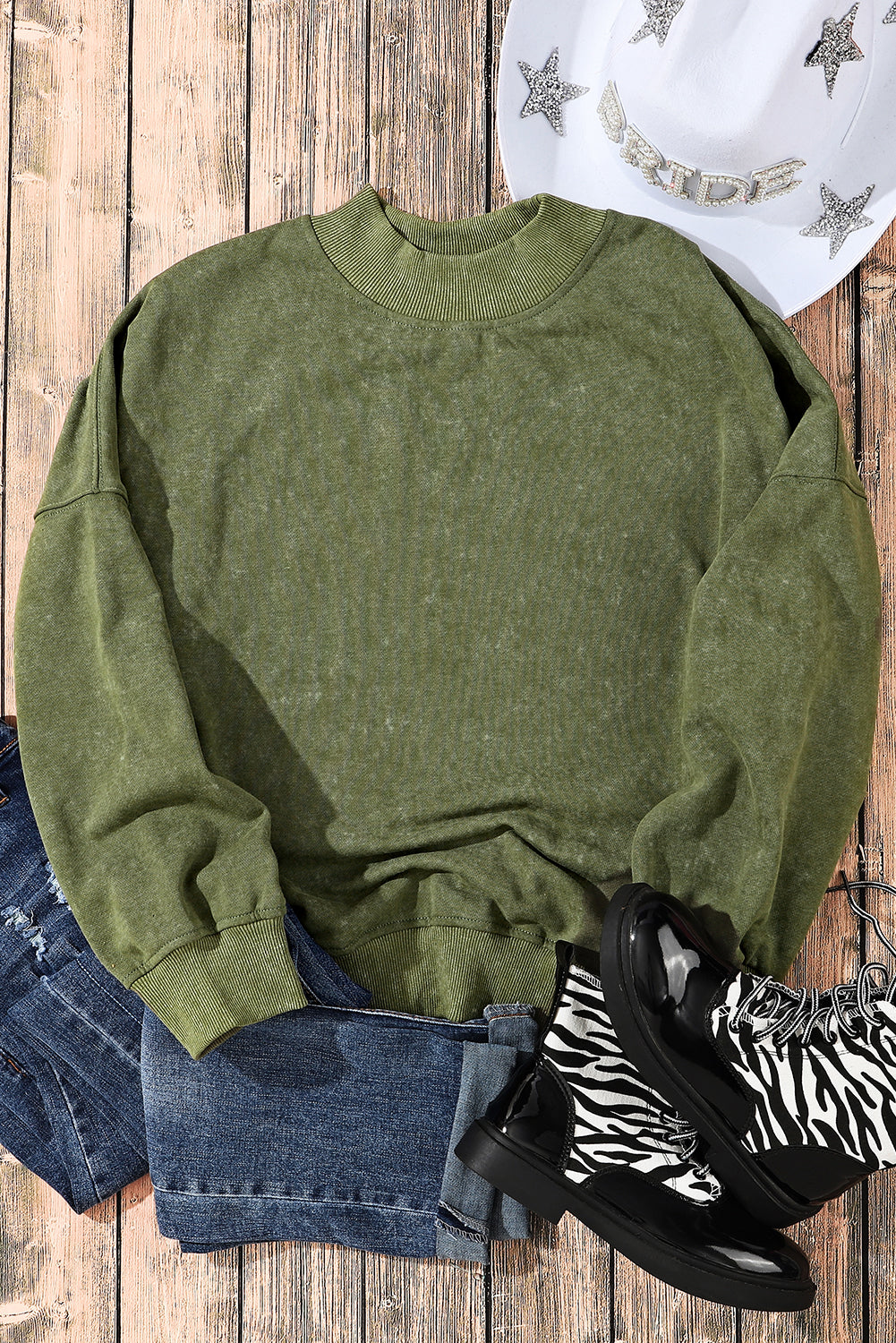 Washed Green Drop Shoulder Crewneck Sweatshirt for Women