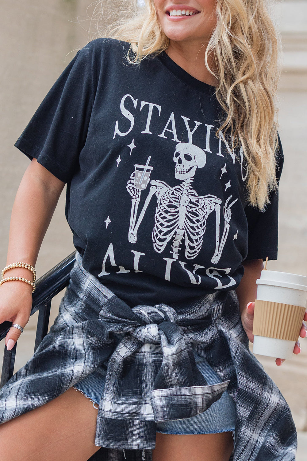 Black Staying Alive Skeleton Halloween Graphic T Shirt
