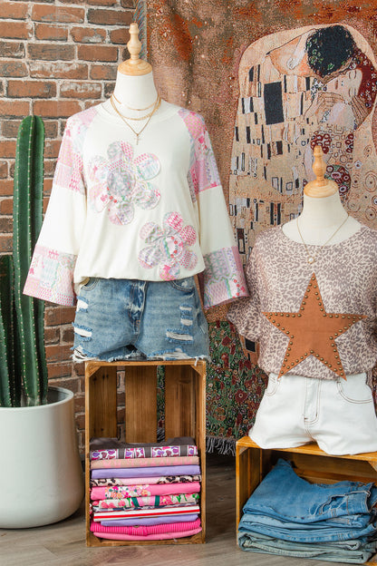 Boho Patchwork Floral Graphic Long Sleeve Top Women