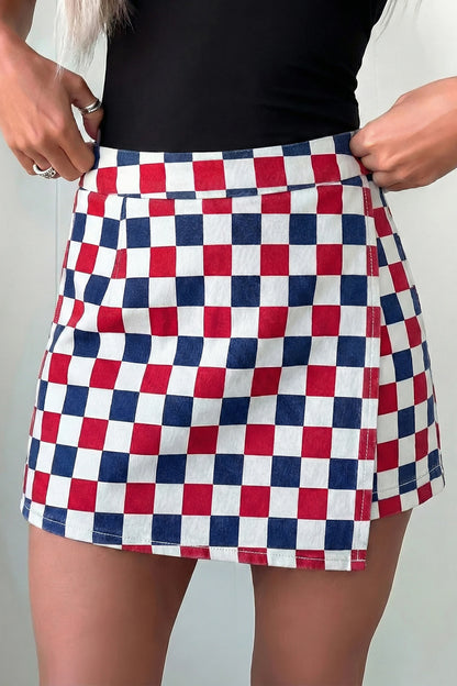 Checkered Print Overlap Denim Skort Mini Shorts