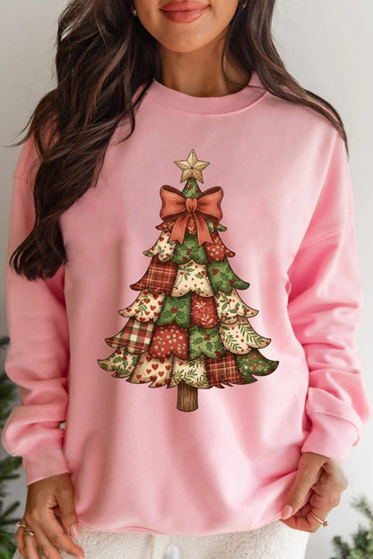 Pink Christmas Tree Graphic Womens Baggy Sweatshirt