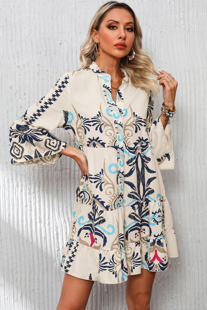 Boho Print Tiered Button Front Bell Sleeve Mini Dress