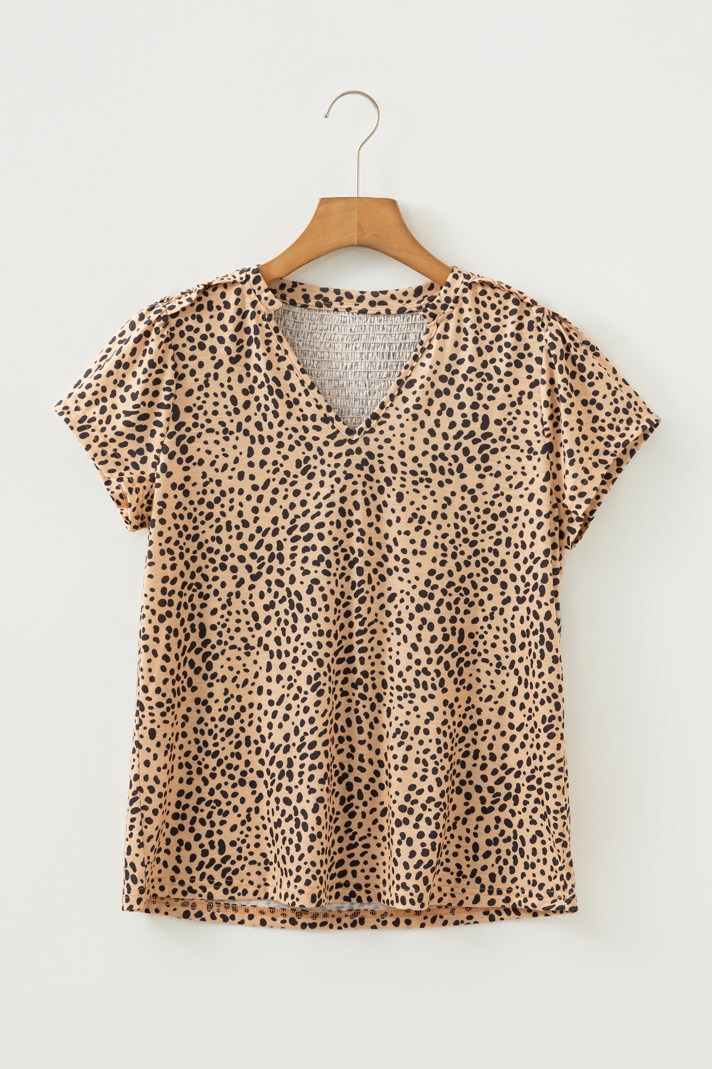 Apricot Cheetah Print Ruffle V Neck Short Sleeve Blouse