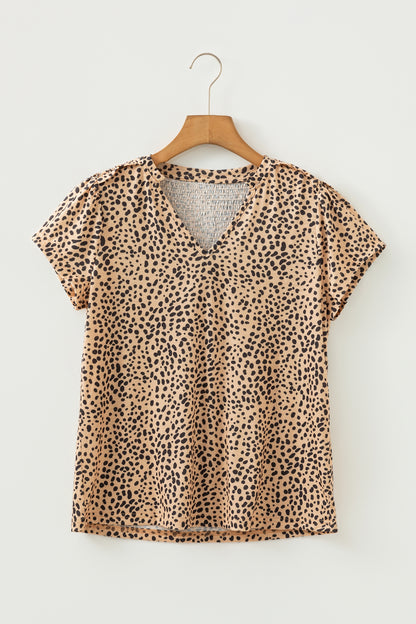 Apricot Cheetah Print Ruffle V Neck Short Sleeve Blouse