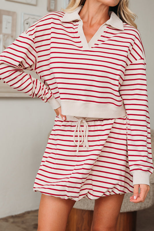 Red Stripe Collared Cropped Top & Bubble Skirt Set