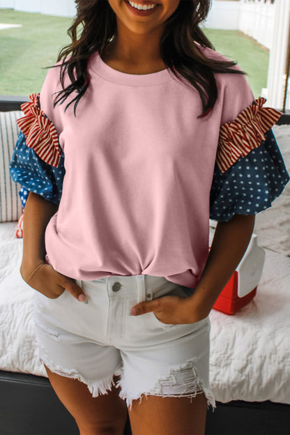 Patriotic Stars and Stripes Puff Sleeve Fourth of July Top