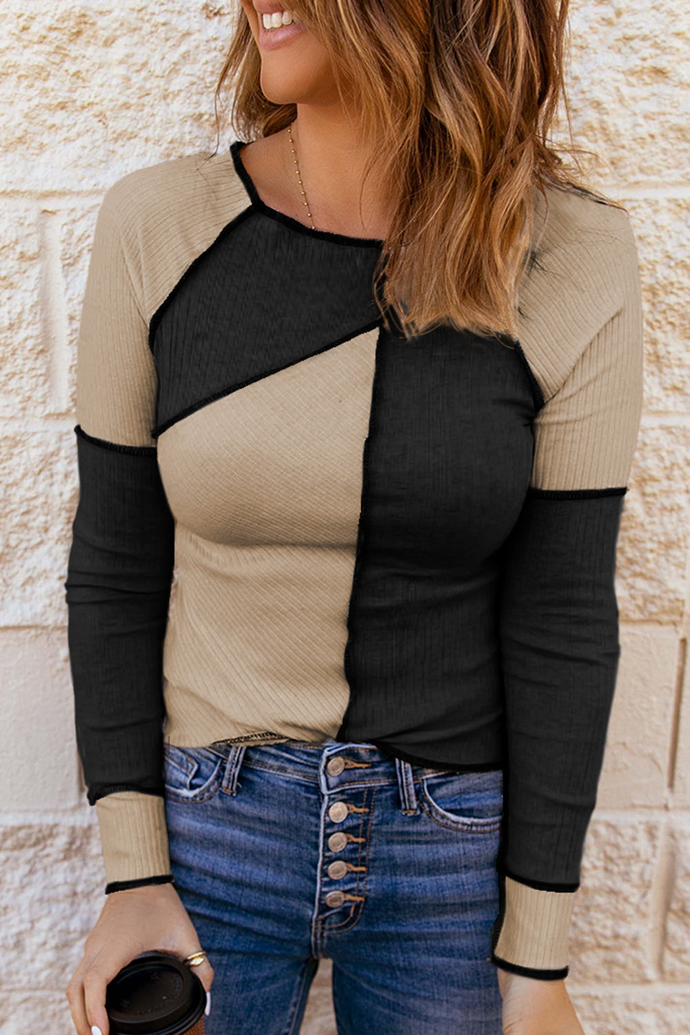 Irregular Color Block Rib Knit Long Sleeve Top
