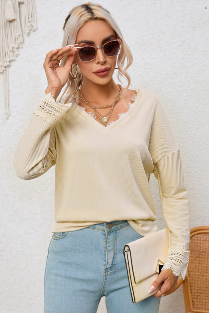 Pink Ribbed Texture Lace Trim V Neck Long Sleeve Top