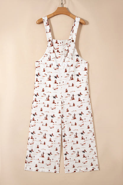 Beige Western Print Adjustable Strap Loose Cotton Jumpsuit