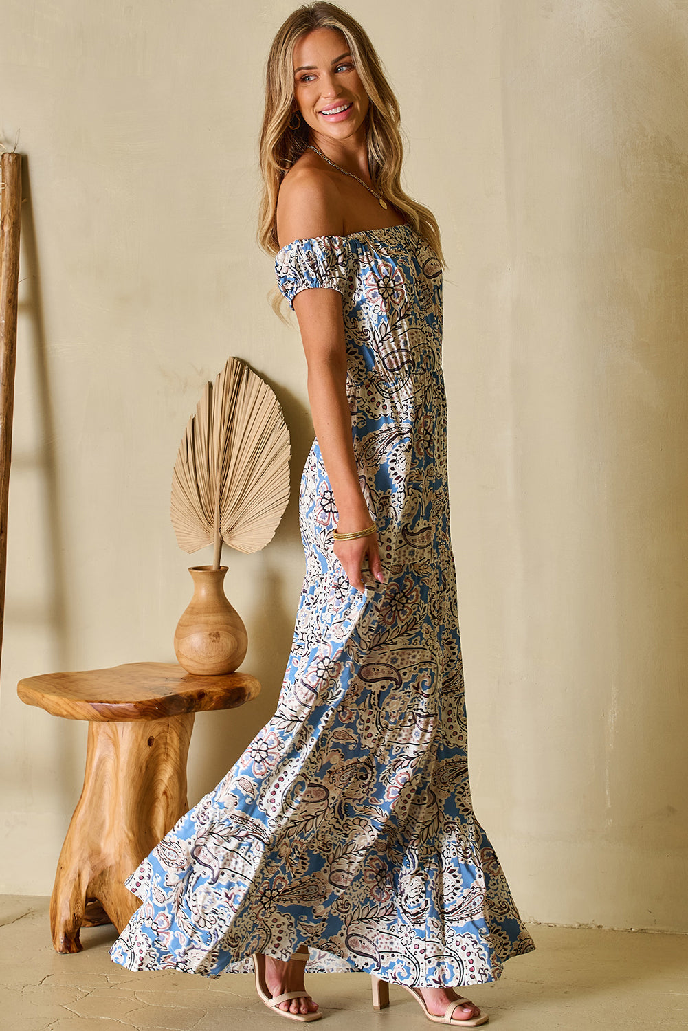 Blue Boho Paisley Off Shoulder Smocked Maxi Dress