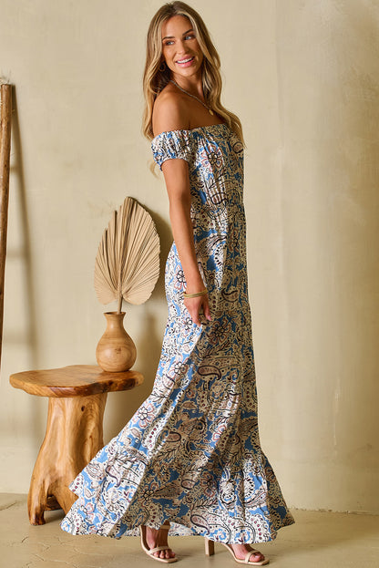 Blue Boho Paisley Off Shoulder Smocked Maxi Dress