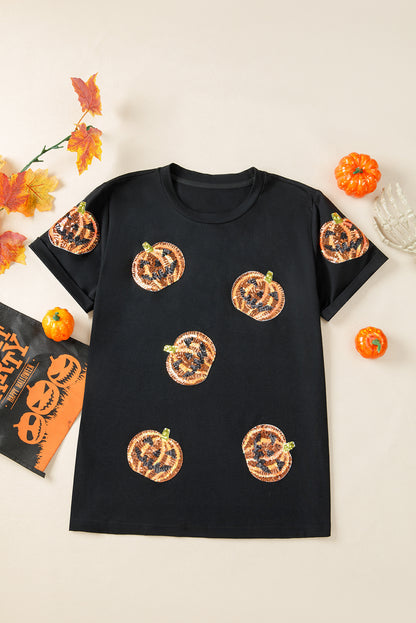 Women's Black Sequin Pumpkin Halloween T-Shirt