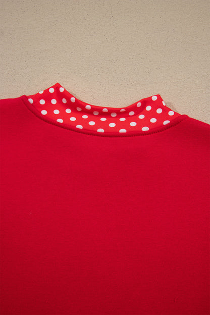 Fiery Red Polka Dot Letter Print Contrast Trim Mock Neck Sweatshirt