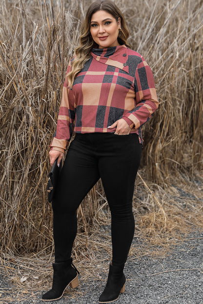 Mineral Red Plus Size Plaid Print Button Decor Asymmetric Neck Top