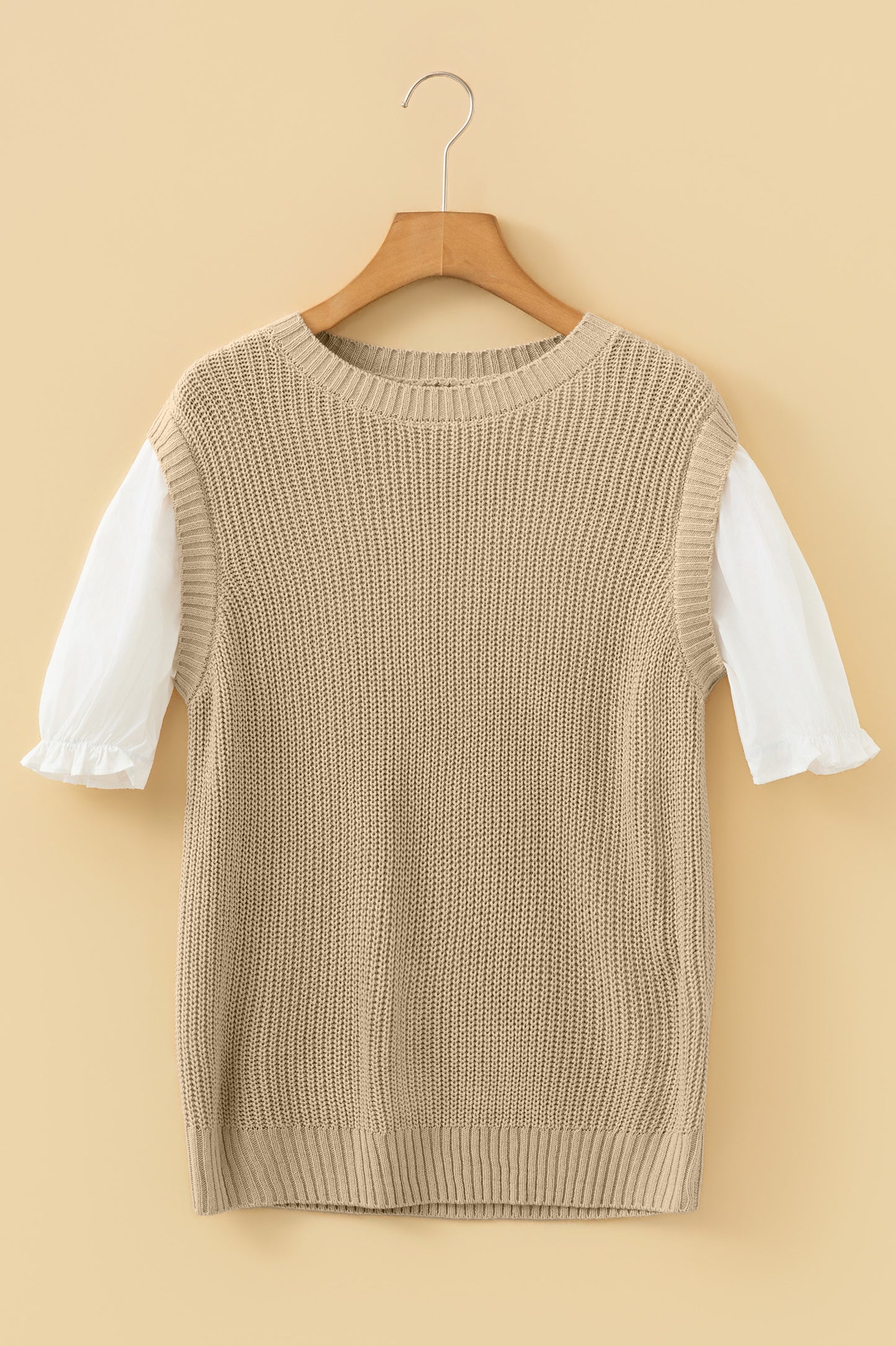 Light French Beige Contrast Short Sleeve Patchwork Sweater