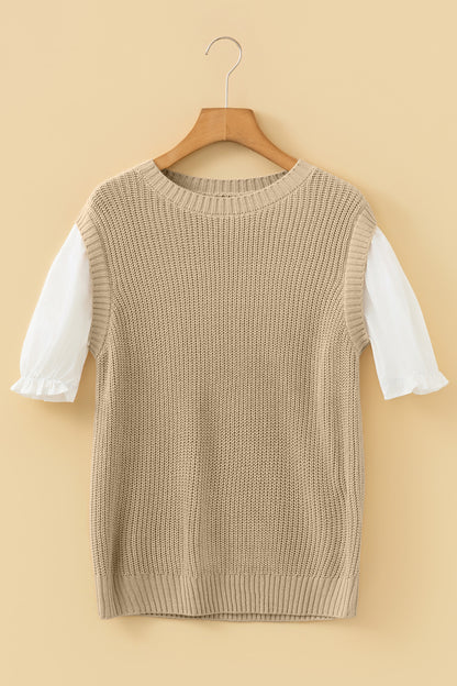 Light French Beige Contrast Short Sleeve Patchwork Sweater
