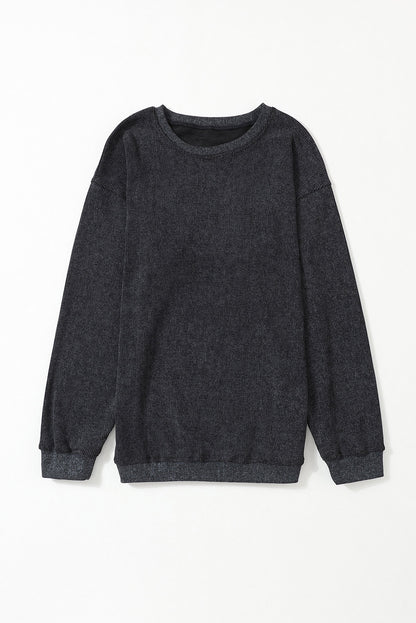 Customizable Solid Ribbed Knit Round Neck Casual PulloverSweatshirt