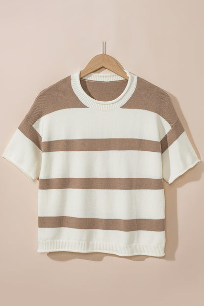 Khaki Stripe Lightweight Knit Short Sleeve Top