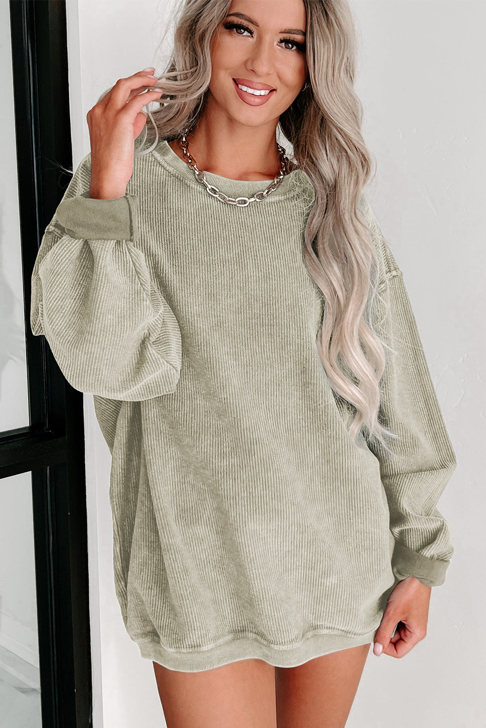 Black Ribbed Knit Crew Neck Oversized Sweatshirt