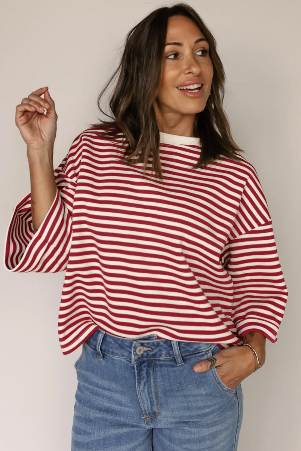 Red Stripe Bow Cutout Back Drop Shoulder Loose Tee