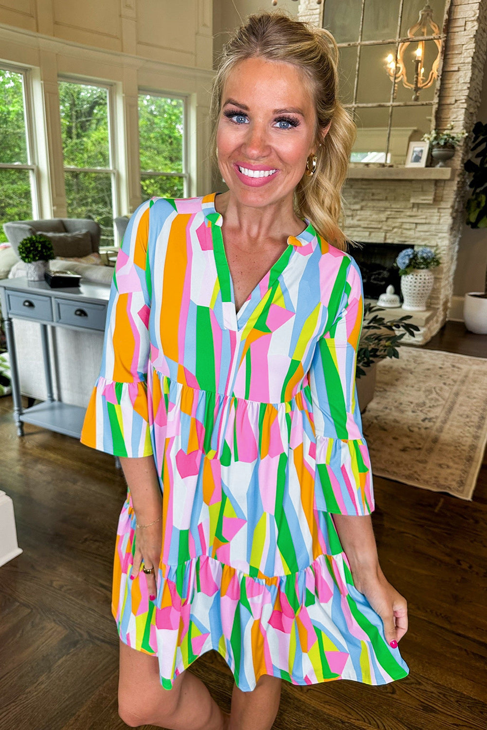 Green Abstract Print Tiered V Neck Ruffle Sleeve Dress