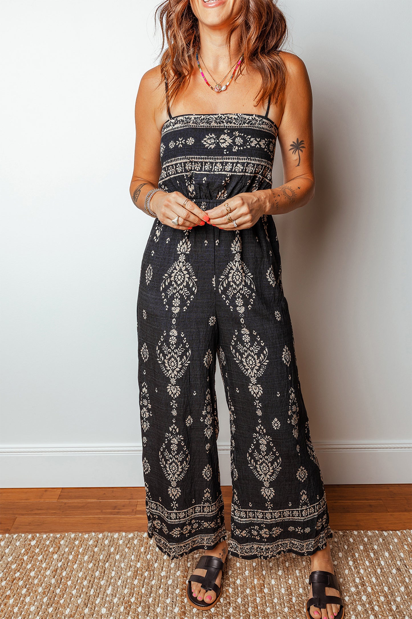 Black Boho Print Spaghetti Strap Wide Leg Jumpsuit