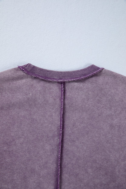 Mineral Wash Exposed Seam Sweatshirt Side Slit Casual Pullover