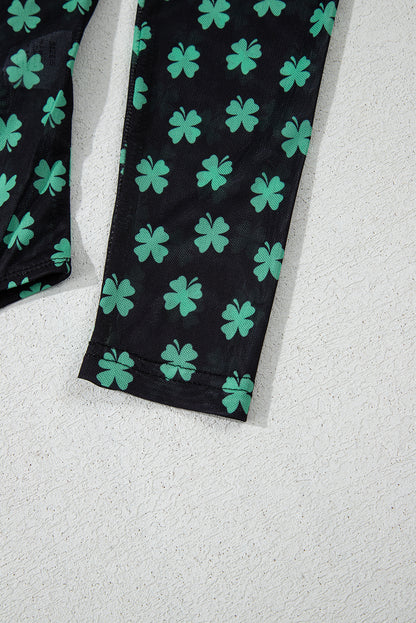 St. Patrick’s Day Shamrock Print Mesh Long Sleeve Bodysuit