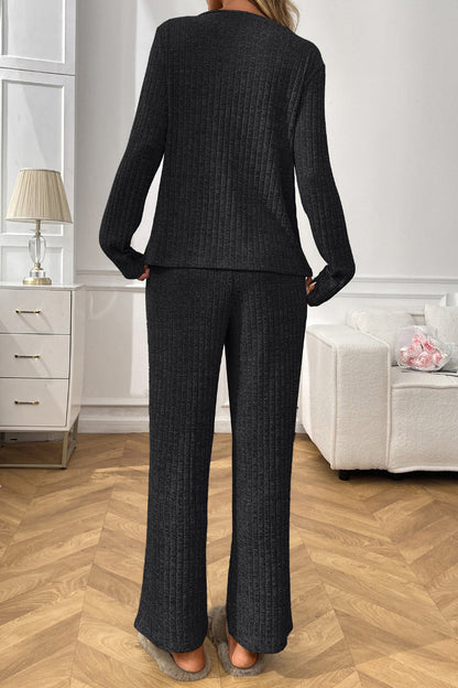 Cozy Ribbed V Neck Lounge Set with Wide Leg Pants