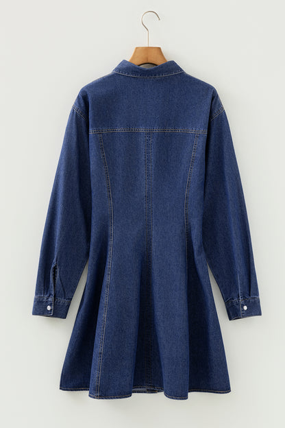Ashleigh Blue Denim Shirt Collar Long Sleeve Flared Dress