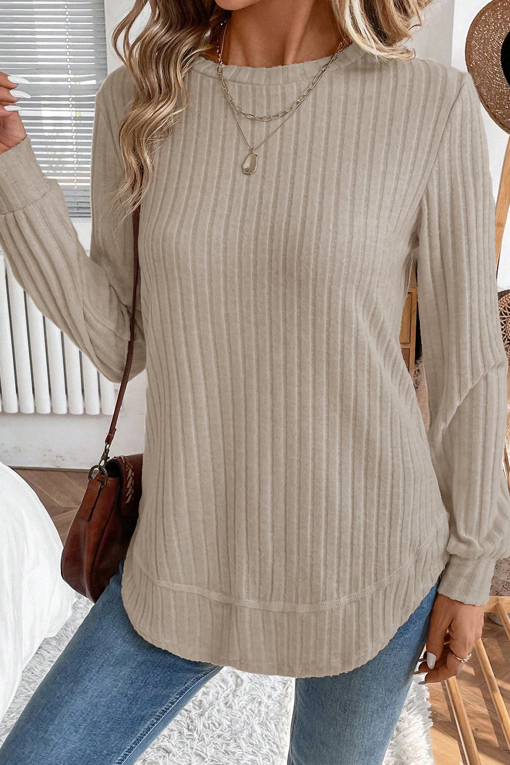 Ribbed Long Sleeve Round Neck Casual Knit Top