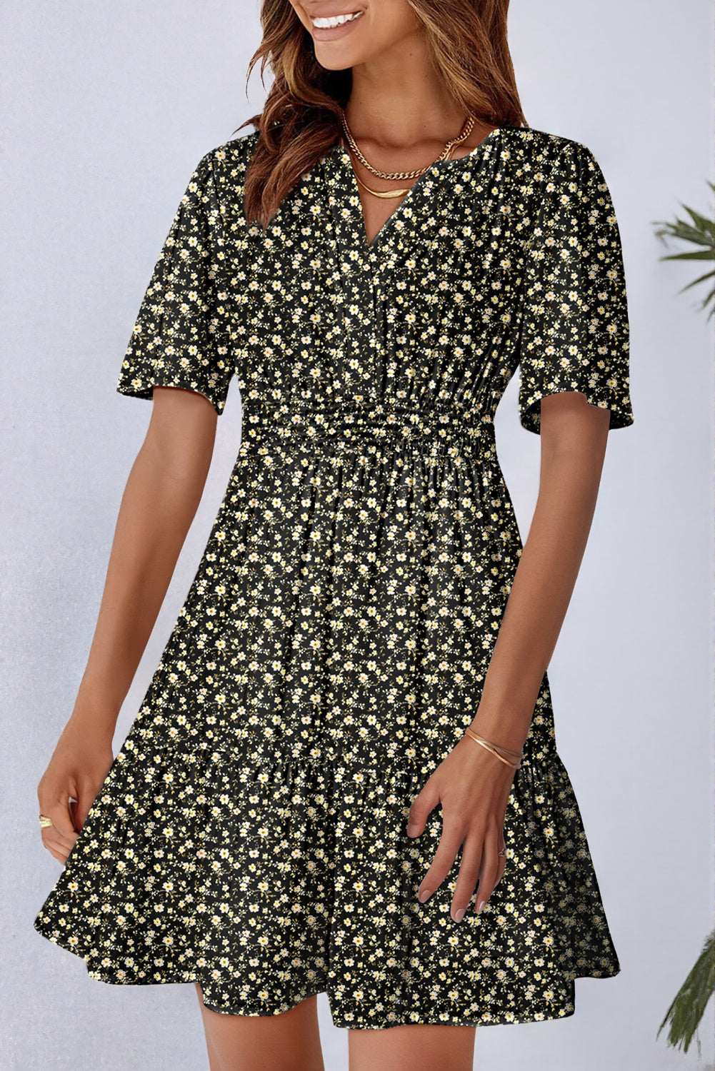 Boho Floral V Neck Smocked Waist Mini Dress