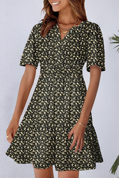 Boho Floral V Neck Smocked Waist Mini Dress