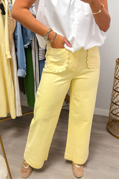 Scalloped Patch Pocket High Rise Wide Leg Jeans